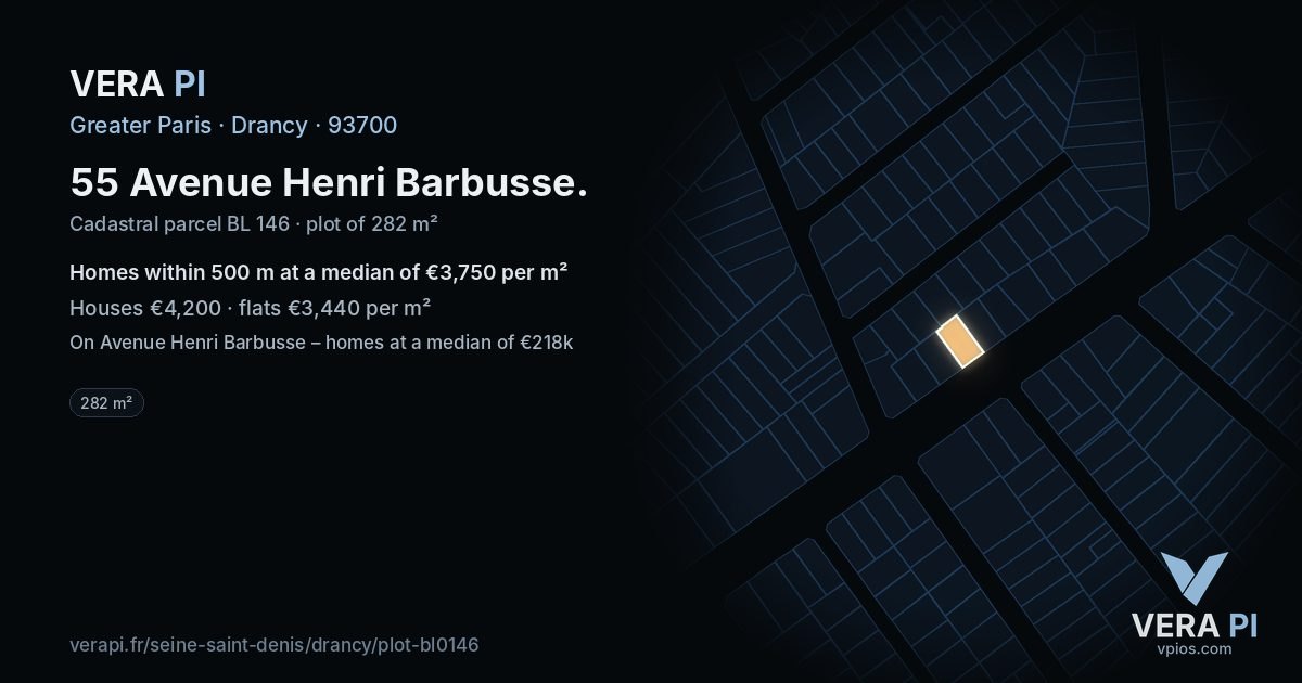 55 Avenue Henri Barbusse, Drancy at night – the plot lit, the parcels around coloured by the prices near them