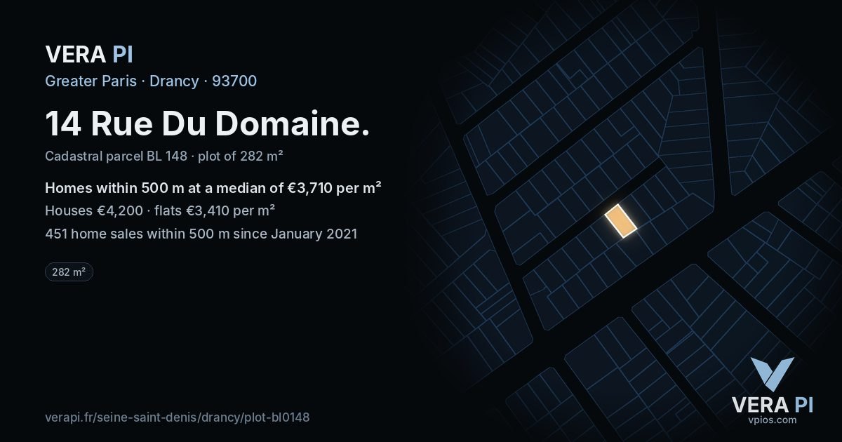 14 Rue Du Domaine, Drancy at night – the plot lit, the parcels around coloured by the prices near them