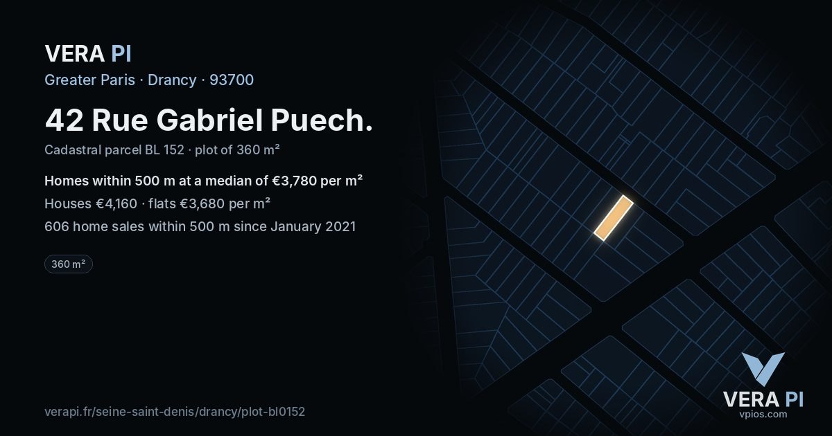 42 Rue Gabriel Puech, Drancy at night – the plot lit, the parcels around coloured by the prices near them