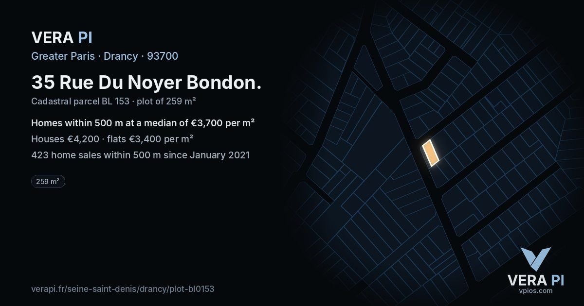35 Rue Du Noyer Bondon, Drancy at night – the plot lit, the parcels around coloured by the prices near them