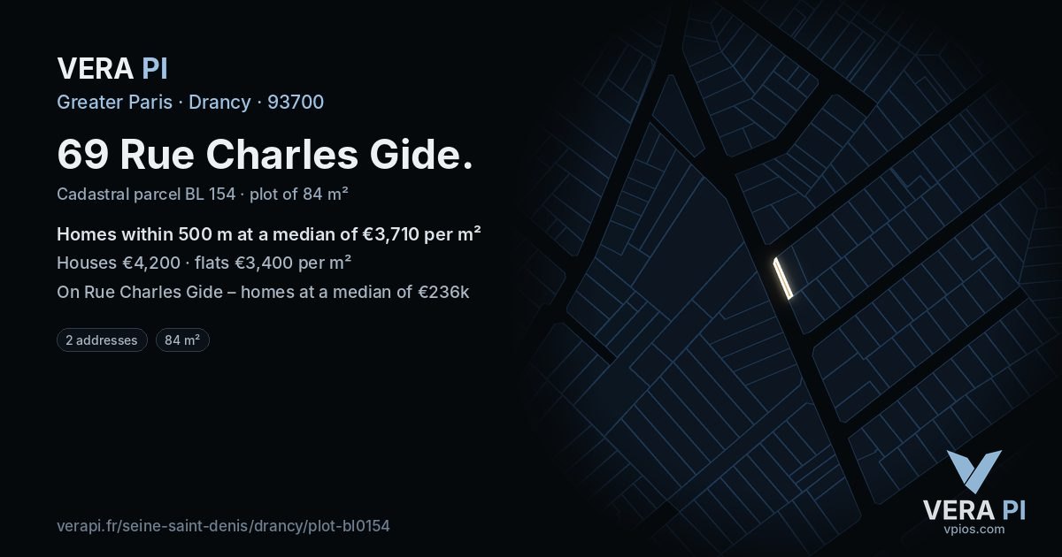 69 Rue Charles Gide, Drancy at night – the plot lit, the parcels around coloured by the prices near them