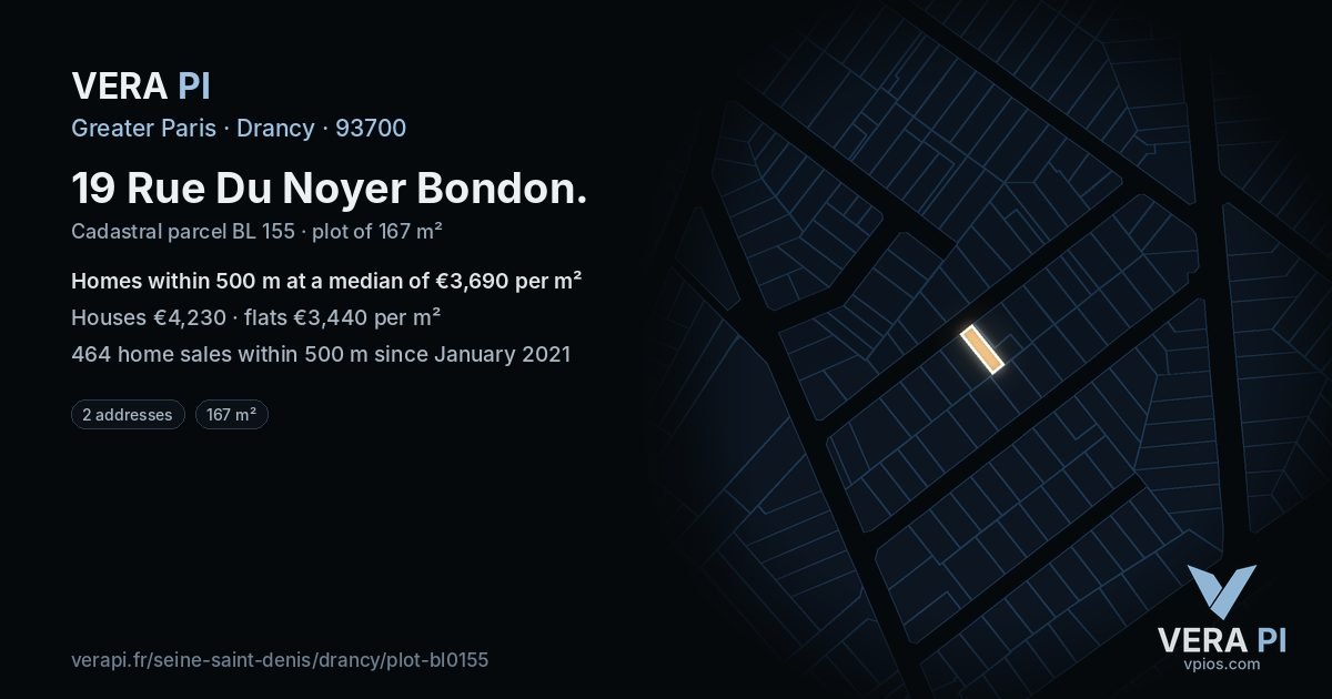 19 Rue Du Noyer Bondon, Drancy at night – the plot lit, the parcels around coloured by the prices near them