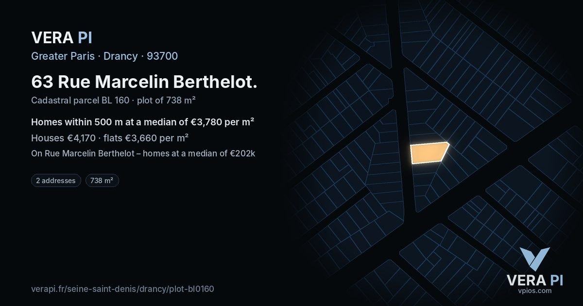 63 Rue Marcelin Berthelot, Drancy at night – the plot lit, the parcels around coloured by the prices near them