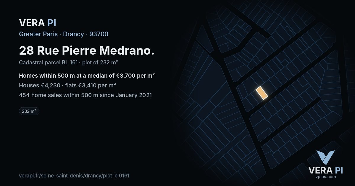 28 Rue Pierre Medrano, Drancy at night – the plot lit, the parcels around coloured by the prices near them
