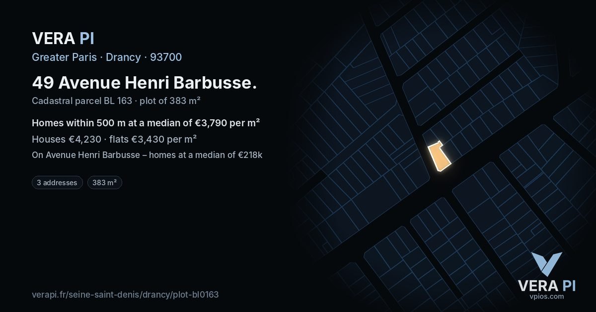 49 Avenue Henri Barbusse, Drancy at night – the plot lit, the parcels around coloured by the prices near them