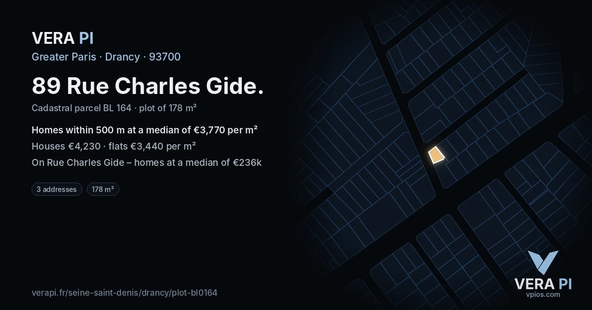 89 Rue Charles Gide, Drancy at night – the plot lit, the parcels around coloured by the prices near them