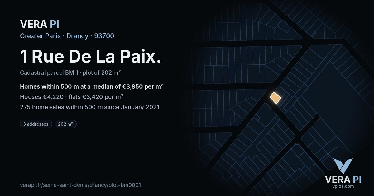 1 Rue De La Paix, Drancy at night – the plot lit, the parcels around coloured by the prices near them