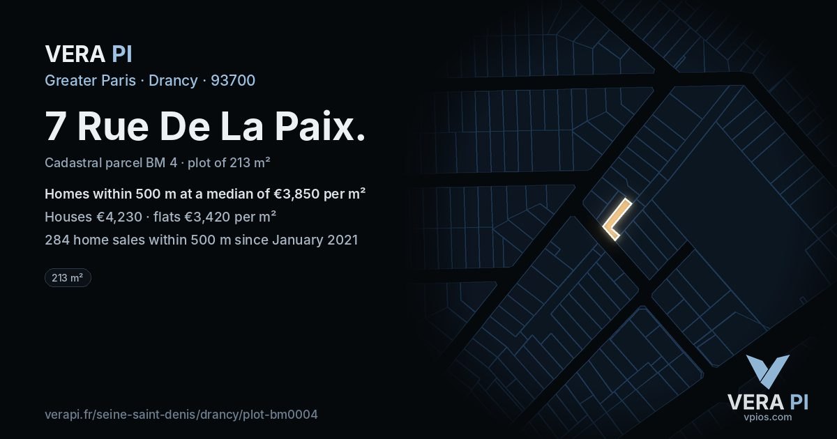 7 Rue De La Paix, Drancy at night – the plot lit, the parcels around coloured by the prices near them