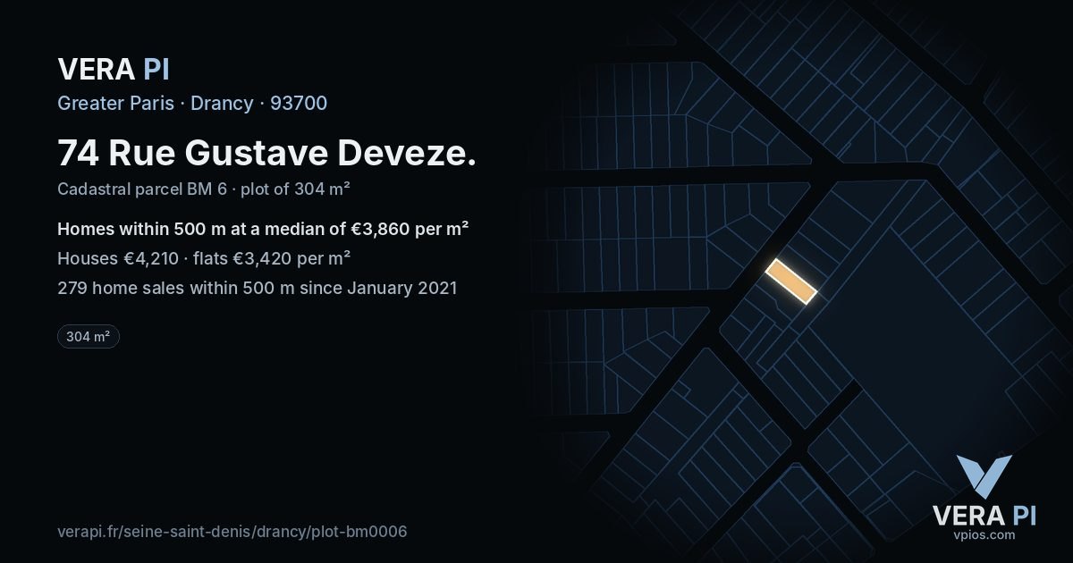 74 Rue Gustave Deveze, Drancy at night – the plot lit, the parcels around coloured by the prices near them