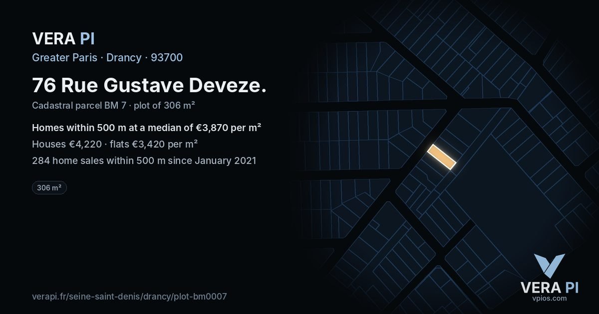 76 Rue Gustave Deveze, Drancy at night – the plot lit, the parcels around coloured by the prices near them