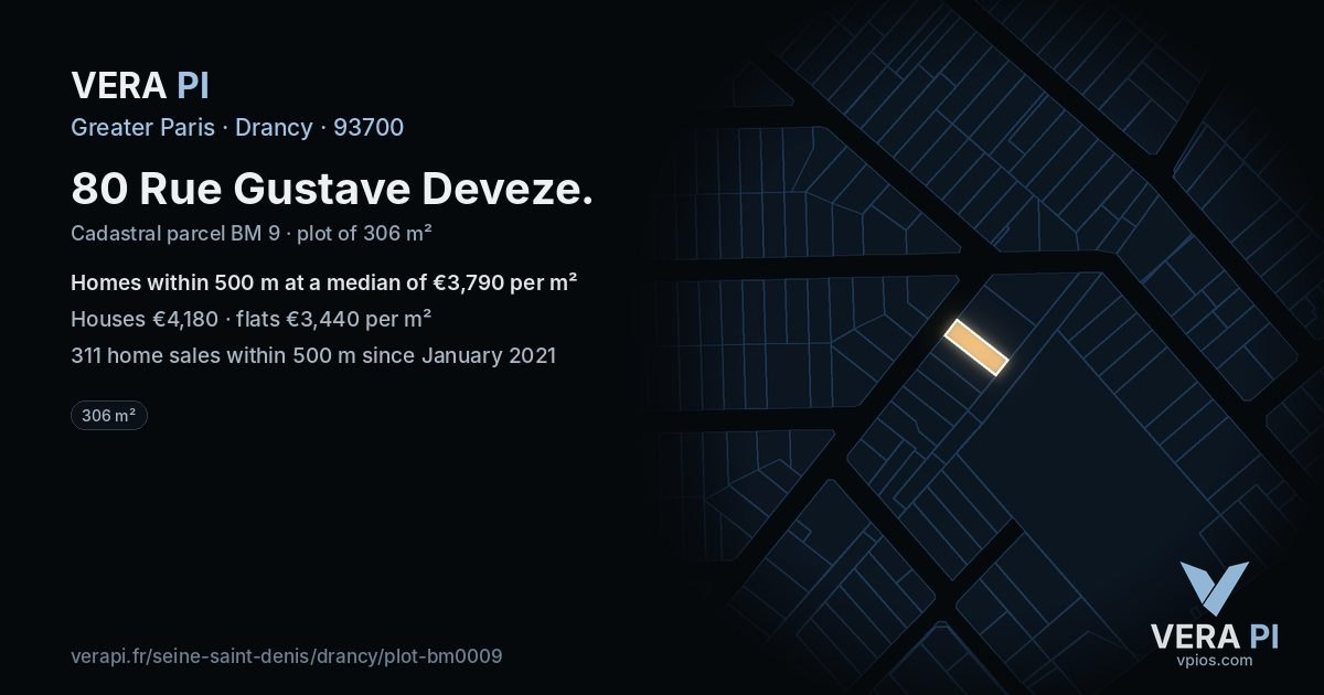 80 Rue Gustave Deveze, Drancy at night – the plot lit, the parcels around coloured by the prices near them