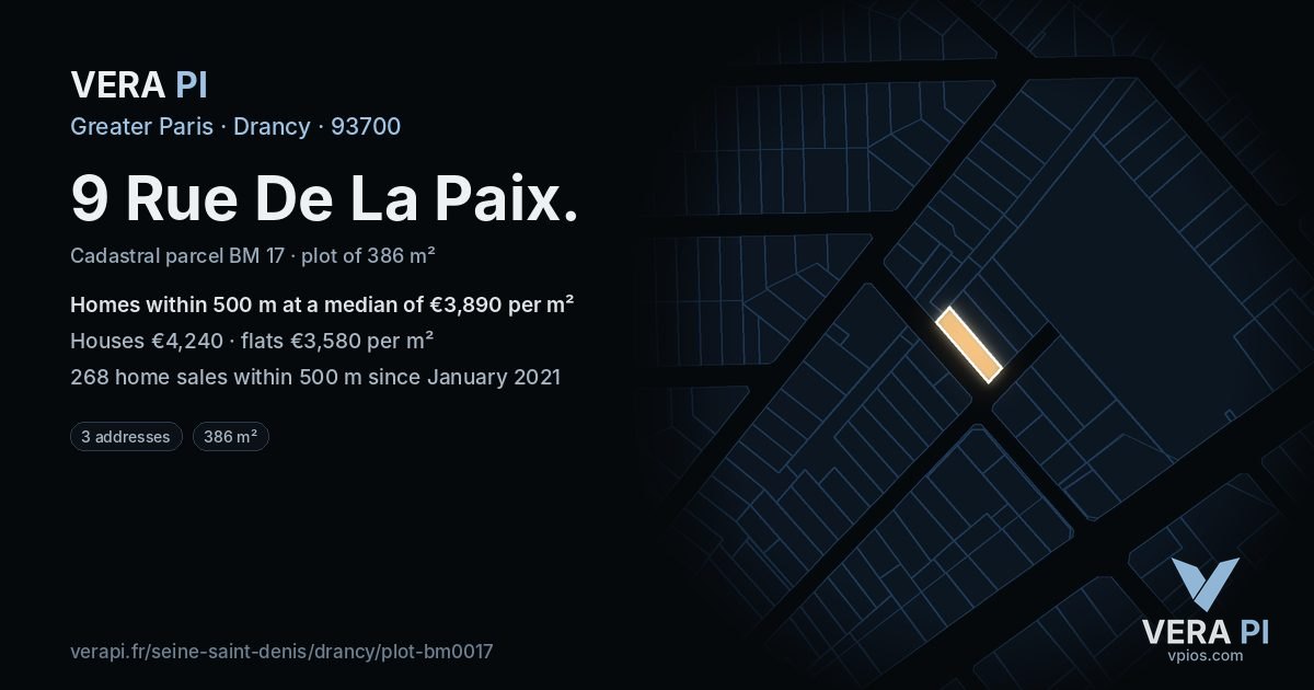 9 Rue De La Paix, Drancy at night – the plot lit, the parcels around coloured by the prices near them