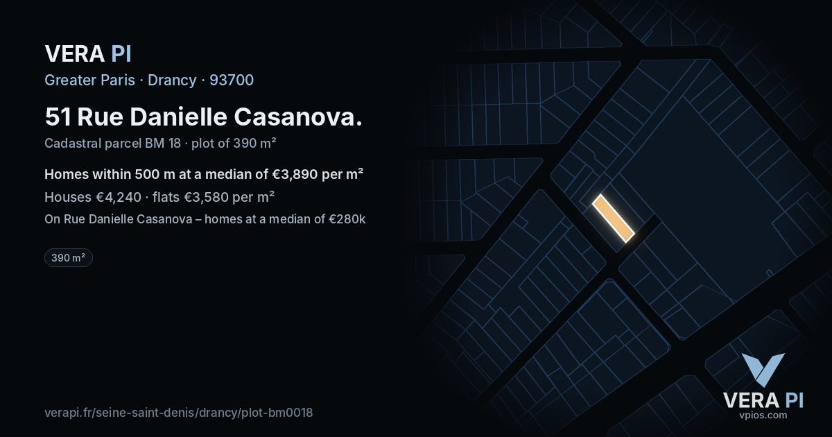 51 Rue Danielle Casanova, Drancy at night – the plot lit, the parcels around coloured by the prices near them