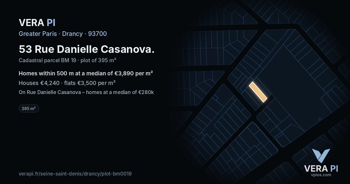 53 Rue Danielle Casanova, Drancy at night – the plot lit, the parcels around coloured by the prices near them