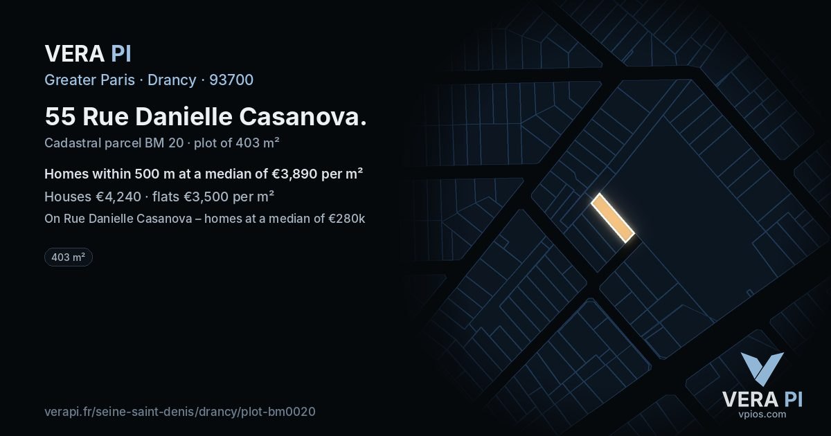 55 Rue Danielle Casanova, Drancy at night – the plot lit, the parcels around coloured by the prices near them