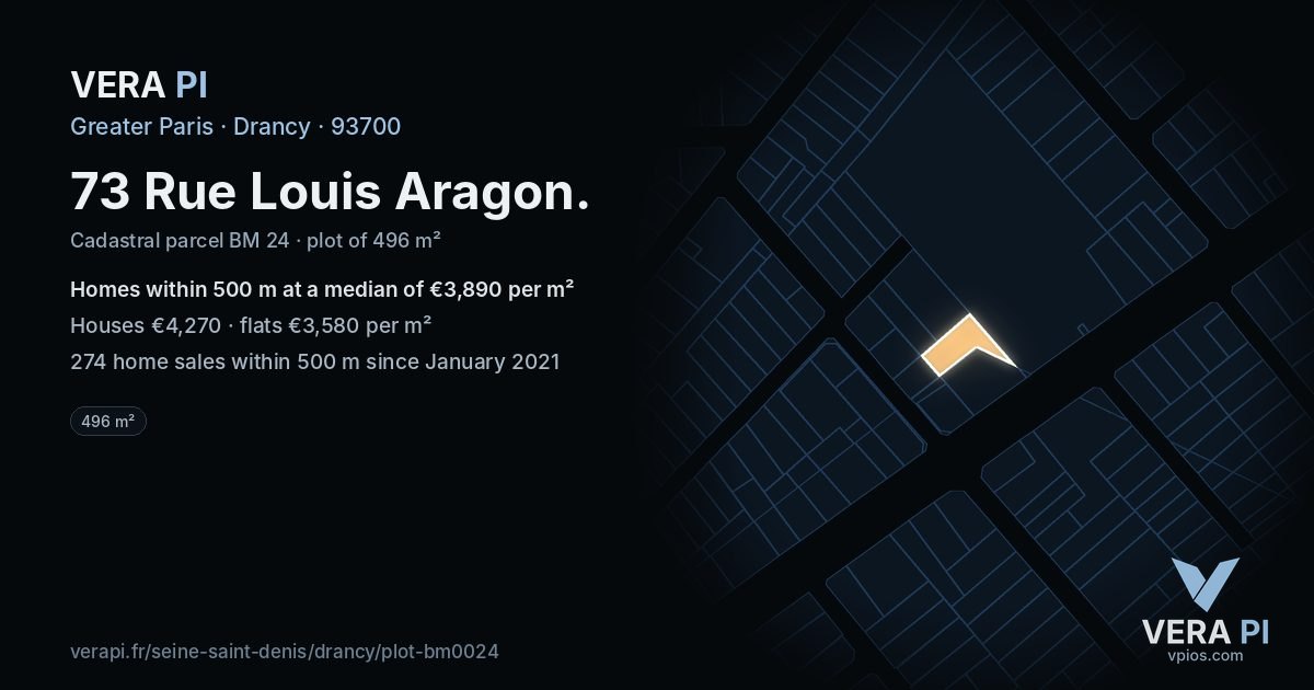 73 Rue Louis Aragon, Drancy at night – the plot lit, the parcels around coloured by the prices near them
