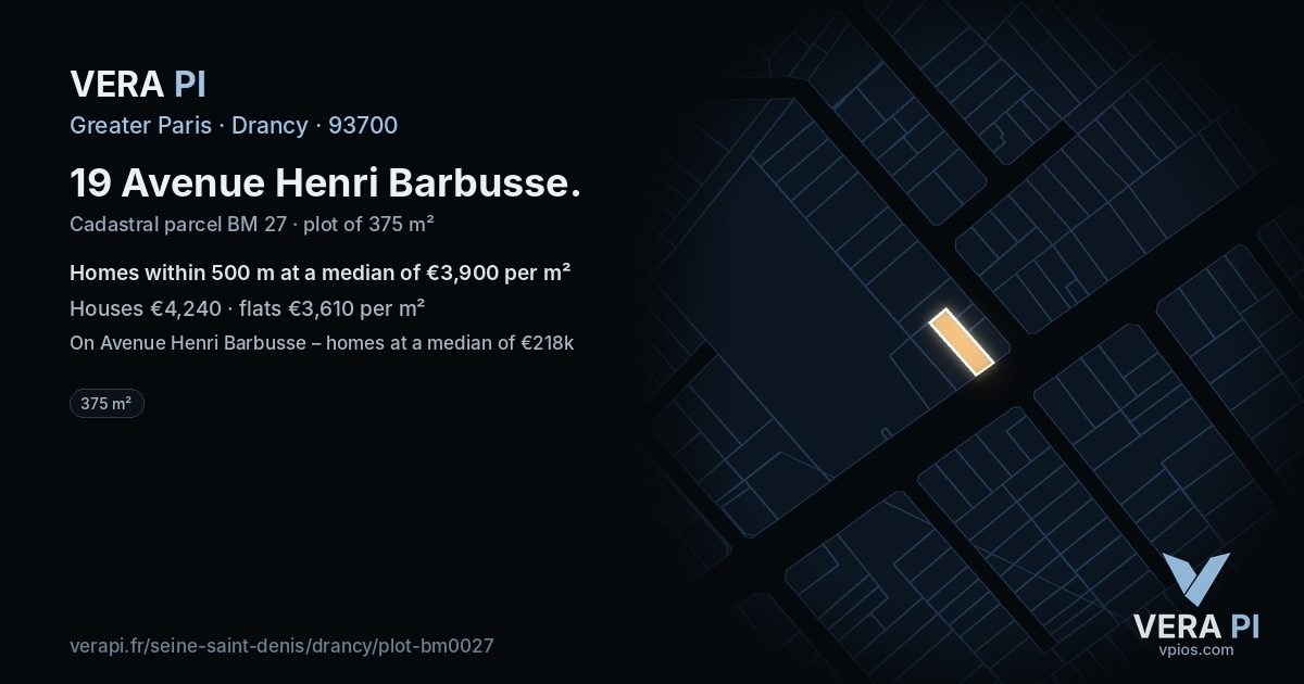 19 Avenue Henri Barbusse, Drancy at night – the plot lit, the parcels around coloured by the prices near them