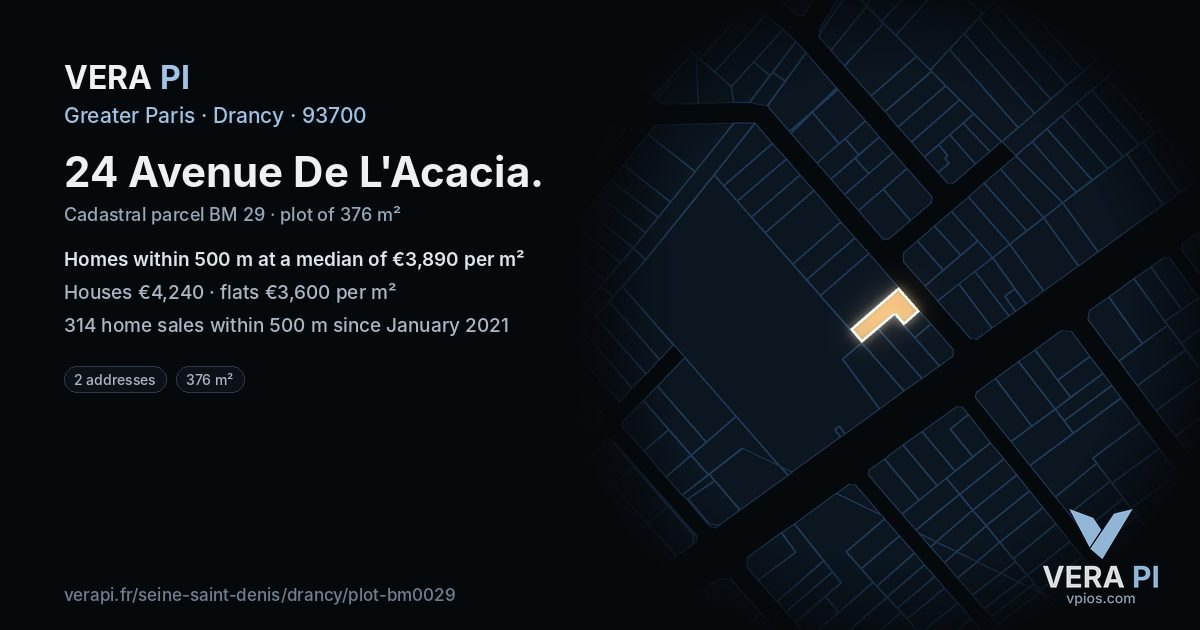 24 Avenue De L'Acacia, Drancy at night – the plot lit, the parcels around coloured by the prices near them