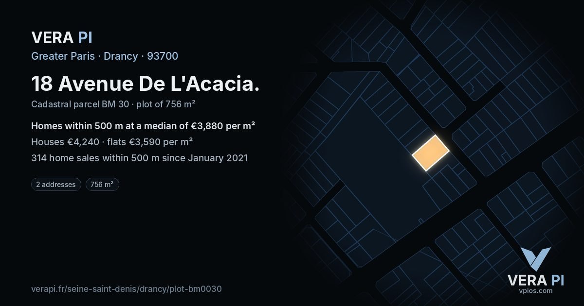 18 Avenue De L'Acacia, Drancy at night – the plot lit, the parcels around coloured by the prices near them
