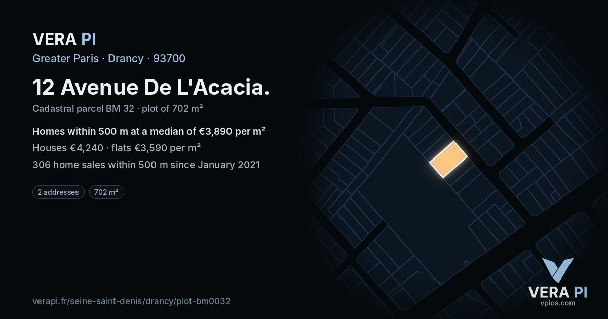 12 Avenue De L'Acacia, Drancy at night – the plot lit, the parcels around coloured by the prices near them