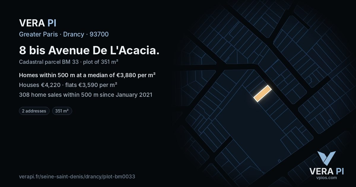 8 bis Avenue De L'Acacia, Drancy at night – the plot lit, the parcels around coloured by the prices near them