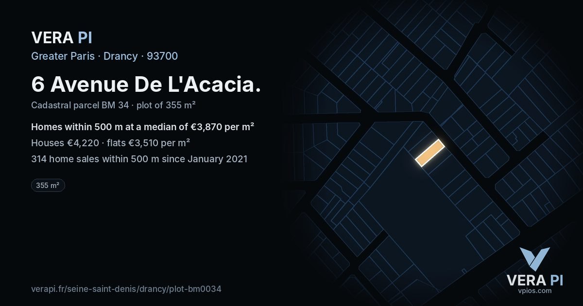 6 Avenue De L'Acacia, Drancy at night – the plot lit, the parcels around coloured by the prices near them