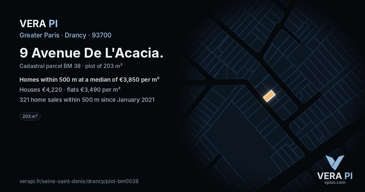 9 Avenue De L'Acacia, Drancy at night – the plot lit, the parcels around coloured by the prices near them