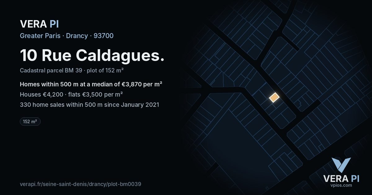 10 Rue Caldagues, Drancy at night – the plot lit, the parcels around coloured by the prices near them