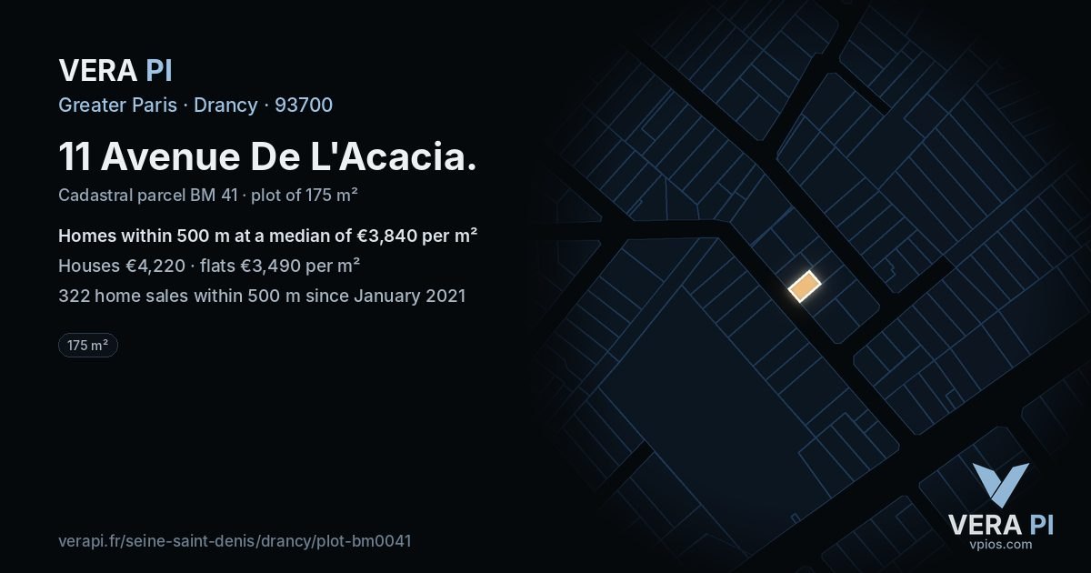11 Avenue De L'Acacia, Drancy at night – the plot lit, the parcels around coloured by the prices near them