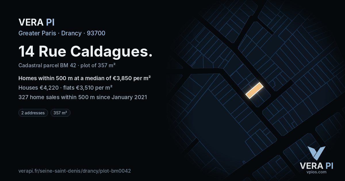 14 Rue Caldagues, Drancy at night – the plot lit, the parcels around coloured by the prices near them