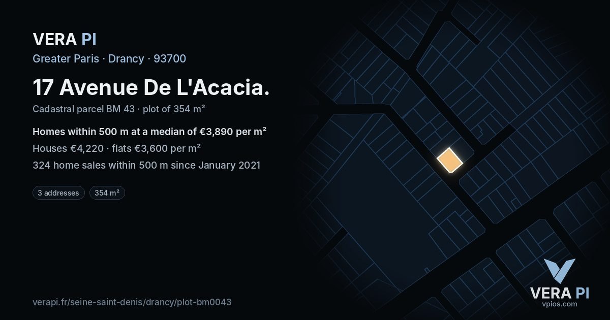 17 Avenue De L'Acacia, Drancy at night – the plot lit, the parcels around coloured by the prices near them