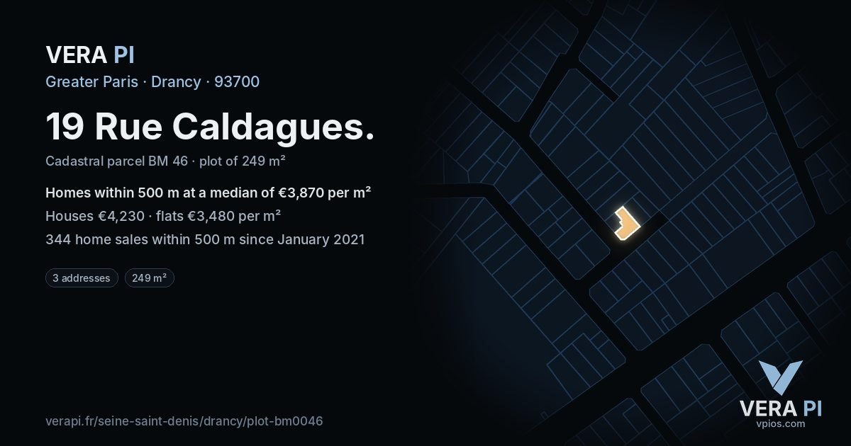 19 Rue Caldagues, Drancy at night – the plot lit, the parcels around coloured by the prices near them