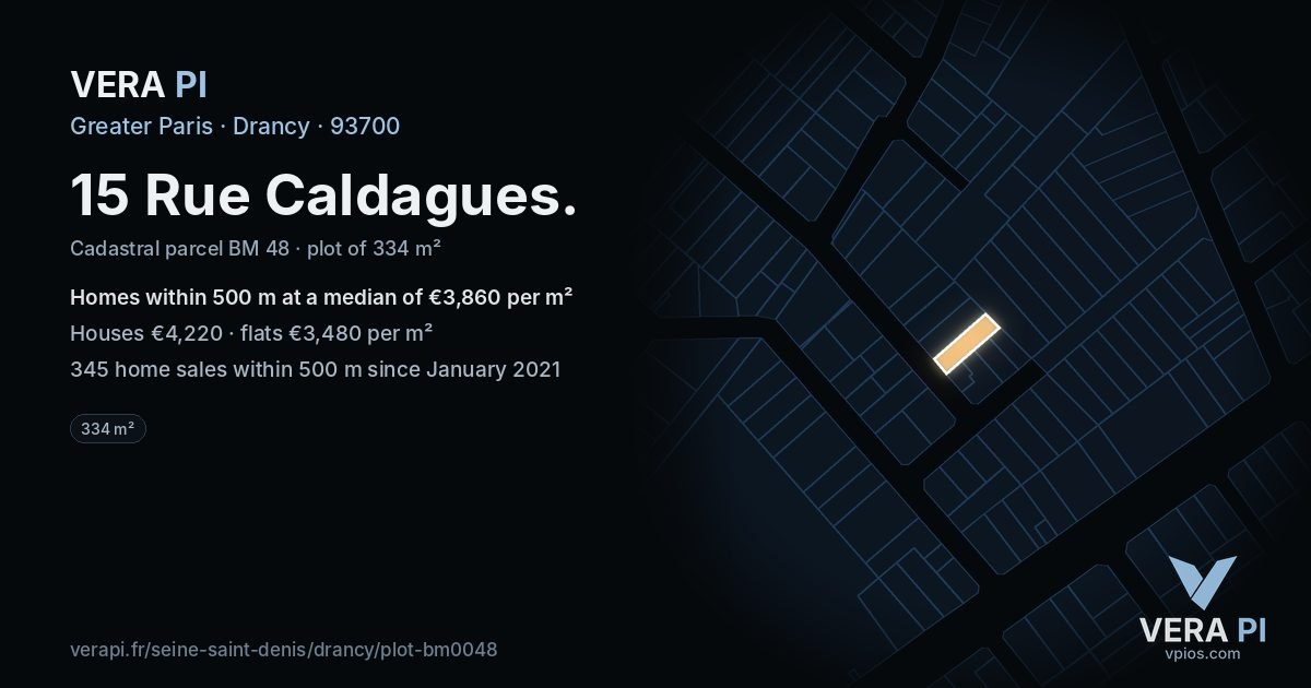 15 Rue Caldagues, Drancy at night – the plot lit, the parcels around coloured by the prices near them