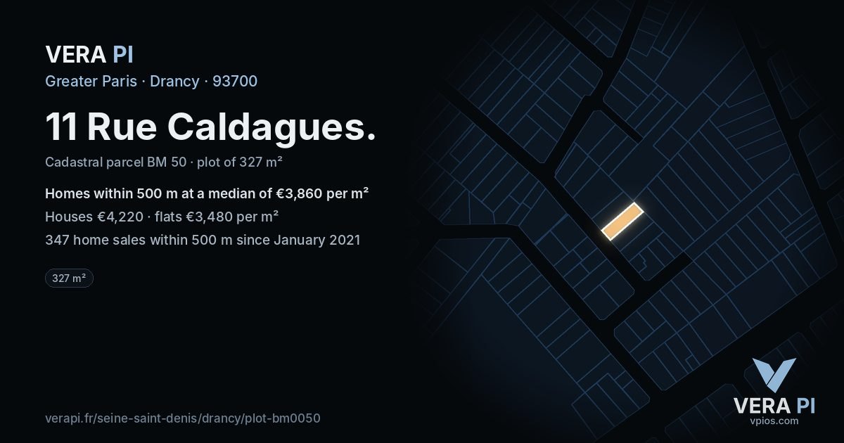 11 Rue Caldagues, Drancy at night – the plot lit, the parcels around coloured by the prices near them