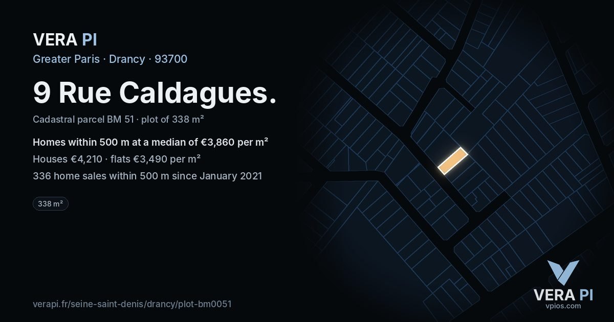 9 Rue Caldagues, Drancy at night – the plot lit, the parcels around coloured by the prices near them
