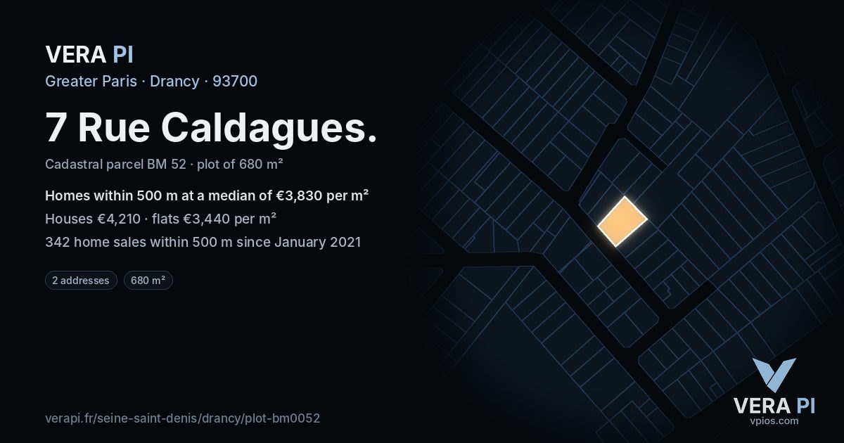 7 Rue Caldagues, Drancy at night – the plot lit, the parcels around coloured by the prices near them