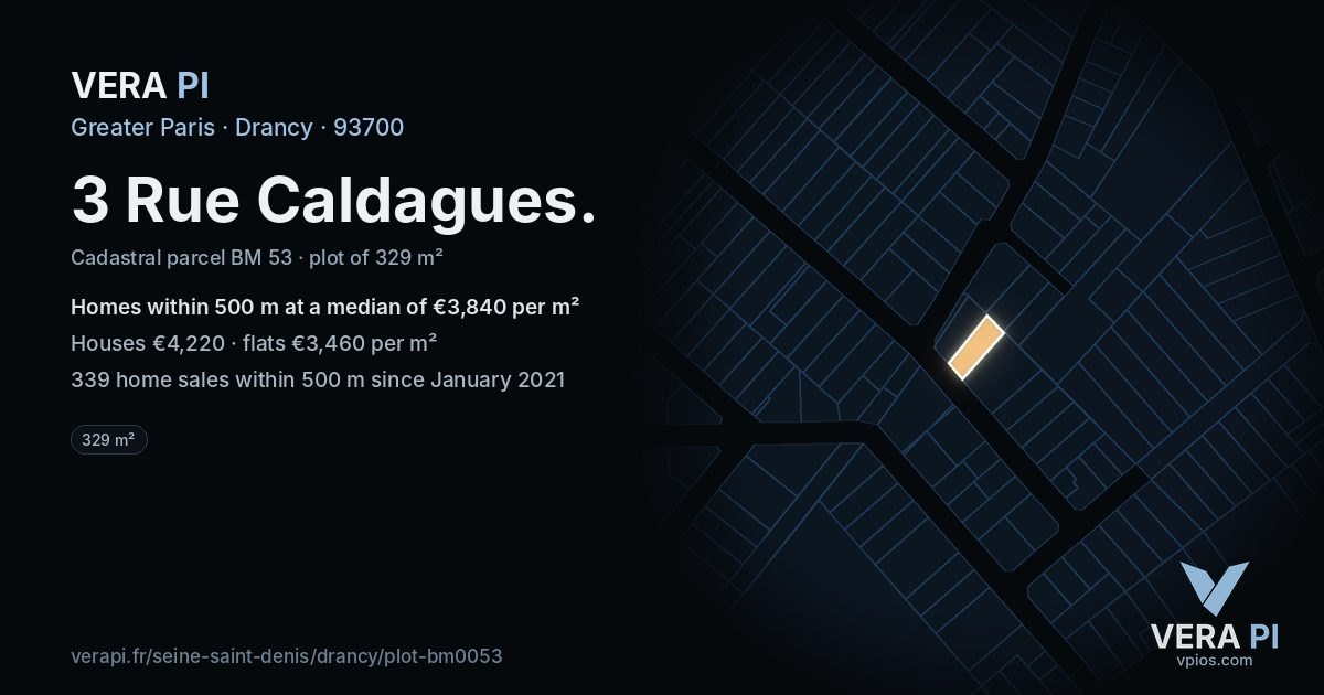 3 Rue Caldagues, Drancy at night – the plot lit, the parcels around coloured by the prices near them