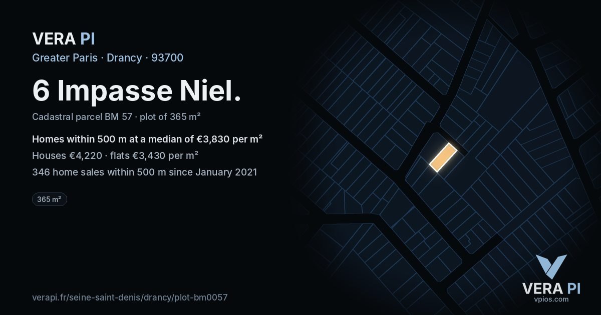 6 Impasse Niel, Drancy at night – the plot lit, the parcels around coloured by the prices near them