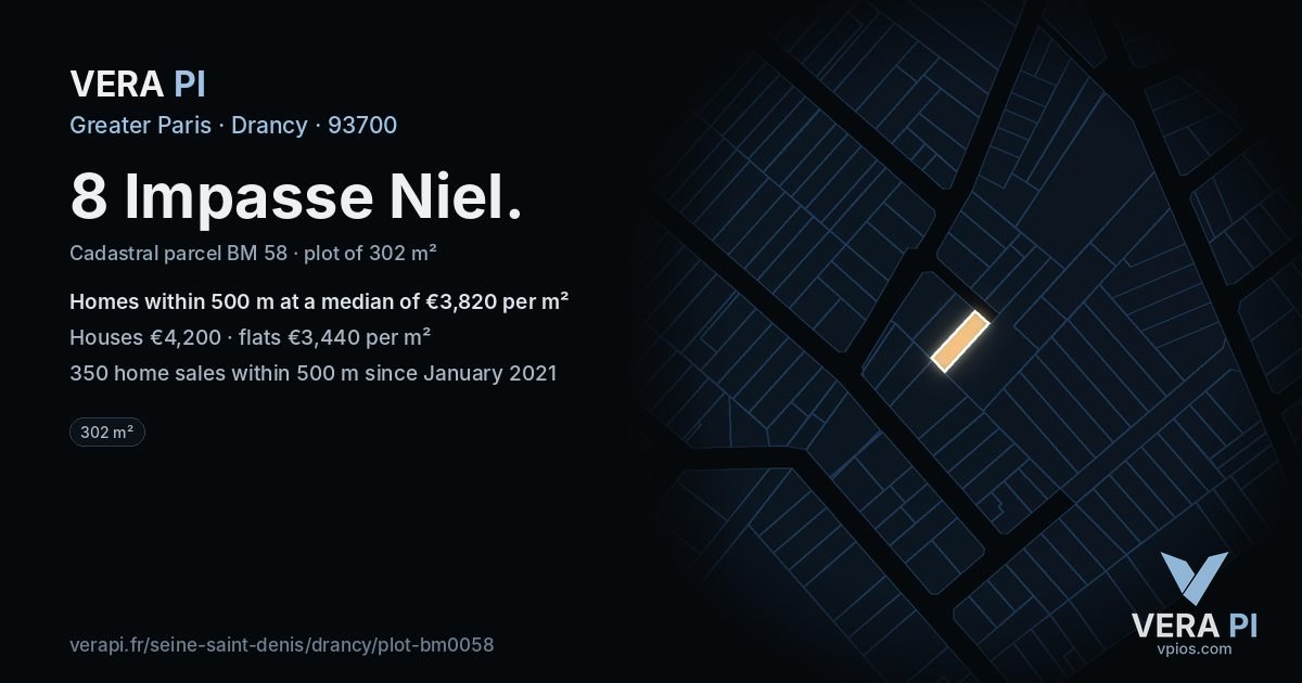 8 Impasse Niel, Drancy at night – the plot lit, the parcels around coloured by the prices near them