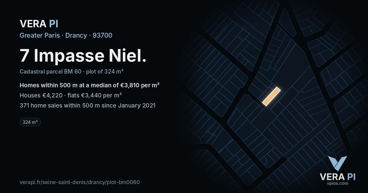 7 Impasse Niel, Drancy at night – the plot lit, the parcels around coloured by the prices near them