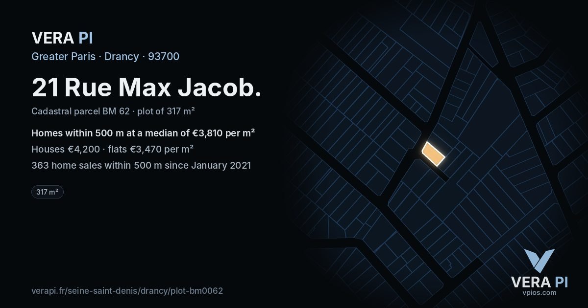 21 Rue Max Jacob, Drancy at night – the plot lit, the parcels around coloured by the prices near them