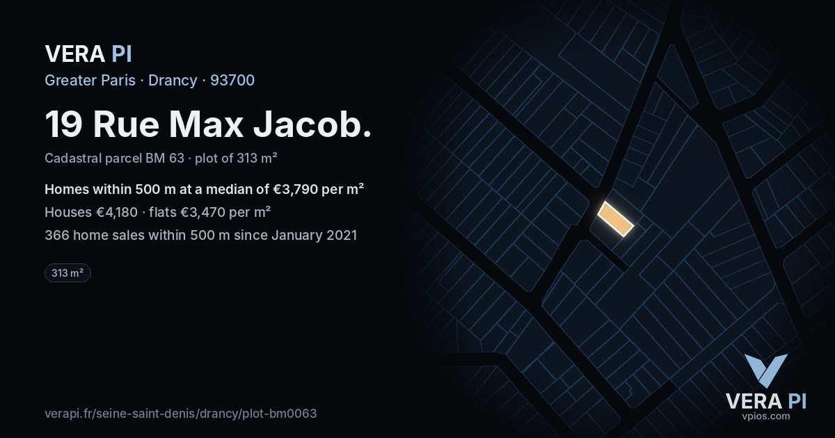 19 Rue Max Jacob, Drancy at night – the plot lit, the parcels around coloured by the prices near them