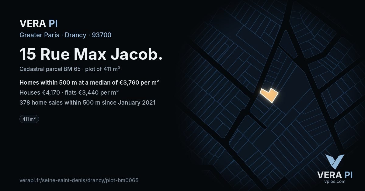 15 Rue Max Jacob, Drancy at night – the plot lit, the parcels around coloured by the prices near them