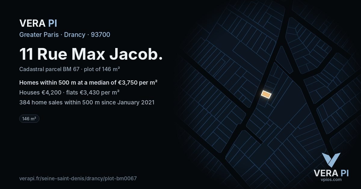 11 Rue Max Jacob, Drancy at night – the plot lit, the parcels around coloured by the prices near them