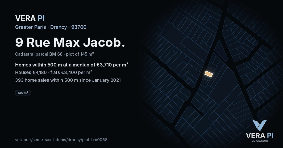 9 Rue Max Jacob, Drancy at night – the plot lit, the parcels around coloured by the prices near them