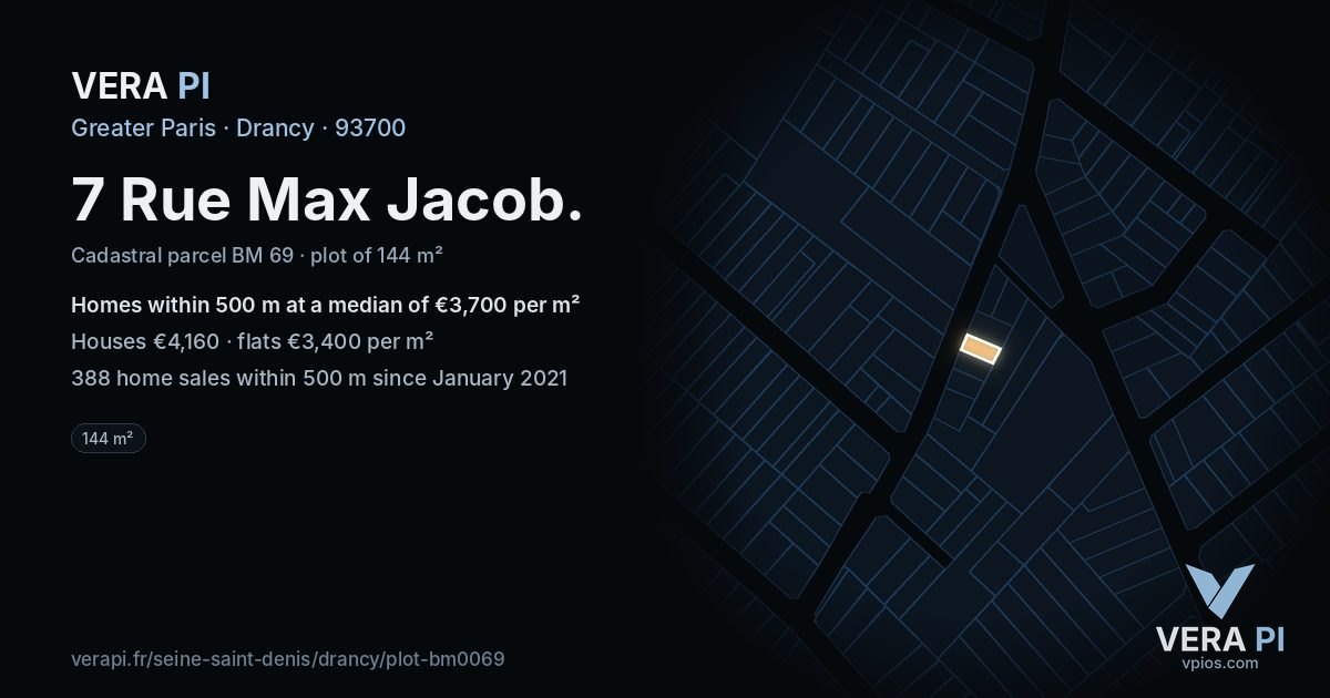 7 Rue Max Jacob, Drancy at night – the plot lit, the parcels around coloured by the prices near them