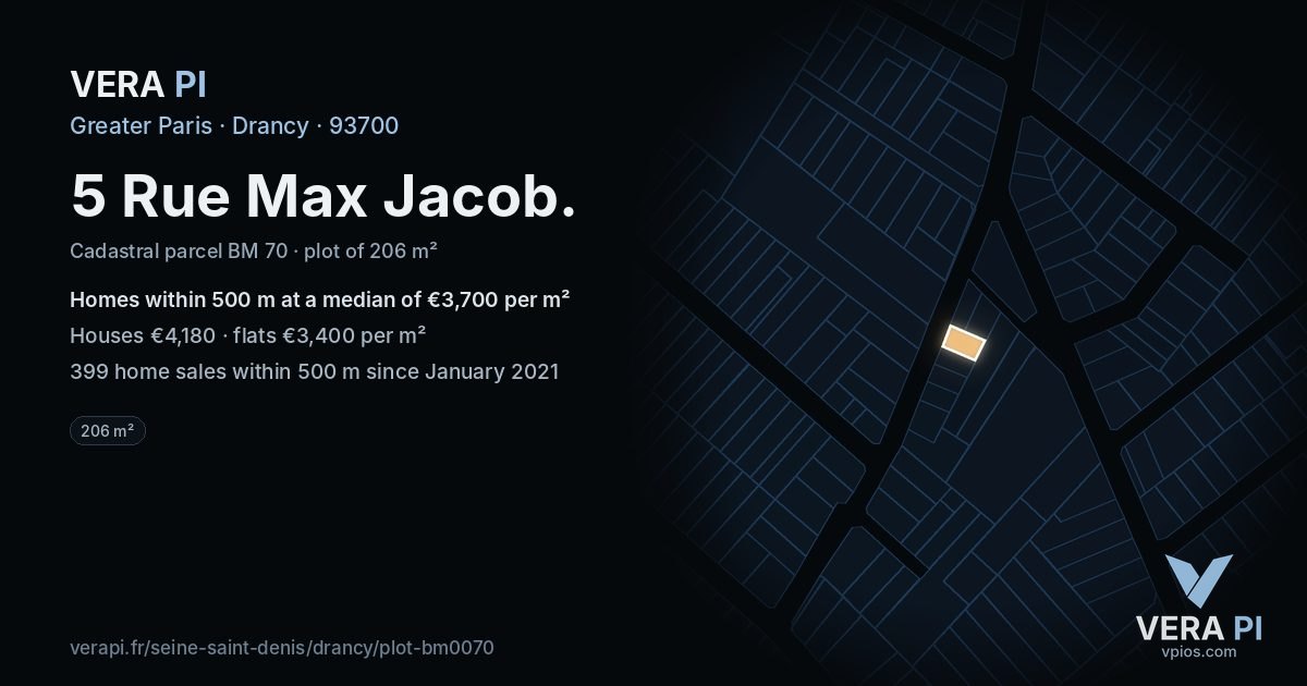 5 Rue Max Jacob, Drancy at night – the plot lit, the parcels around coloured by the prices near them