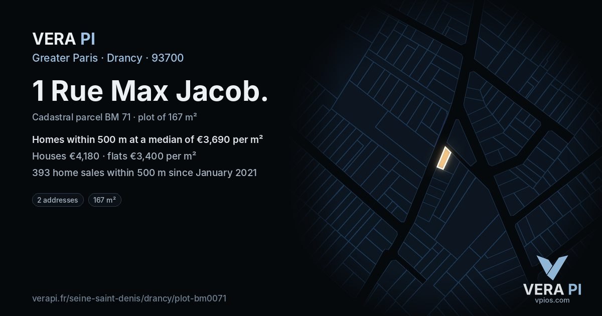 1 Rue Max Jacob, Drancy at night – the plot lit, the parcels around coloured by the prices near them