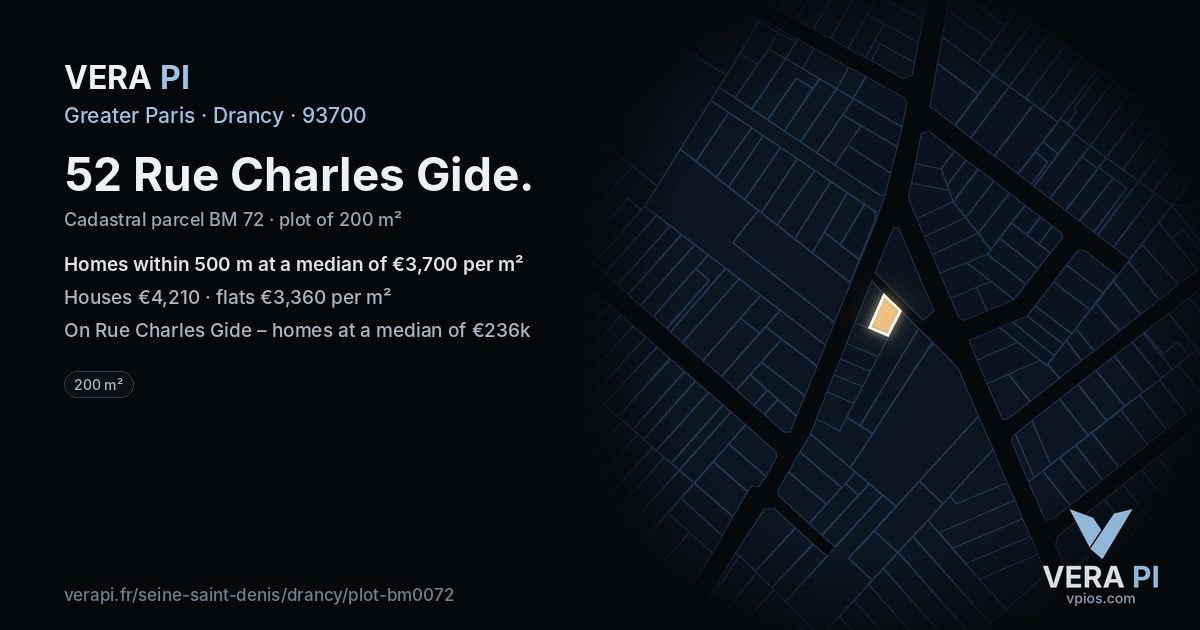 52 Rue Charles Gide, Drancy at night – the plot lit, the parcels around coloured by the prices near them
