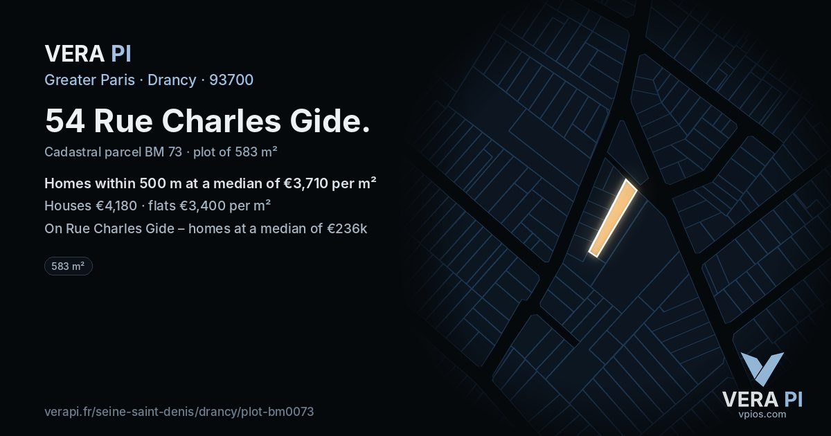 54 Rue Charles Gide, Drancy at night – the plot lit, the parcels around coloured by the prices near them